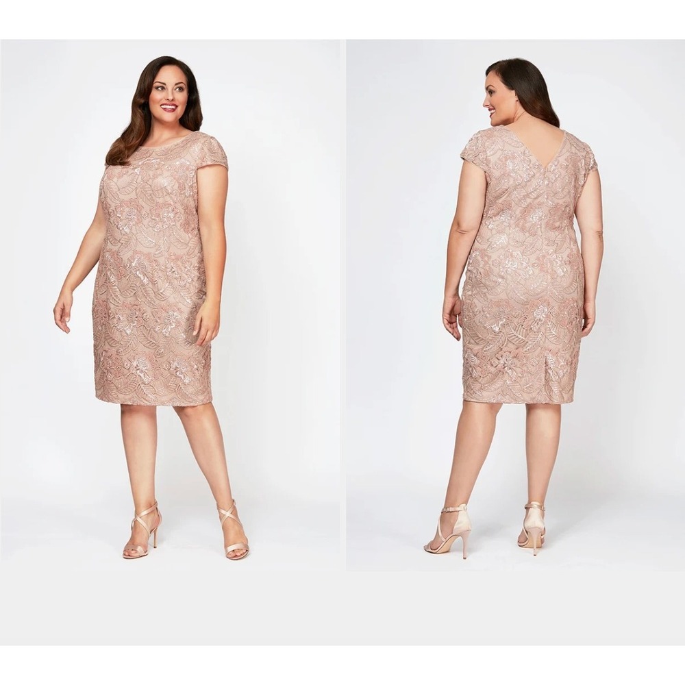 Alex Evenings Embroidered Sequin Lace Dress Rose Gold Pink Formal Cocktail 22W